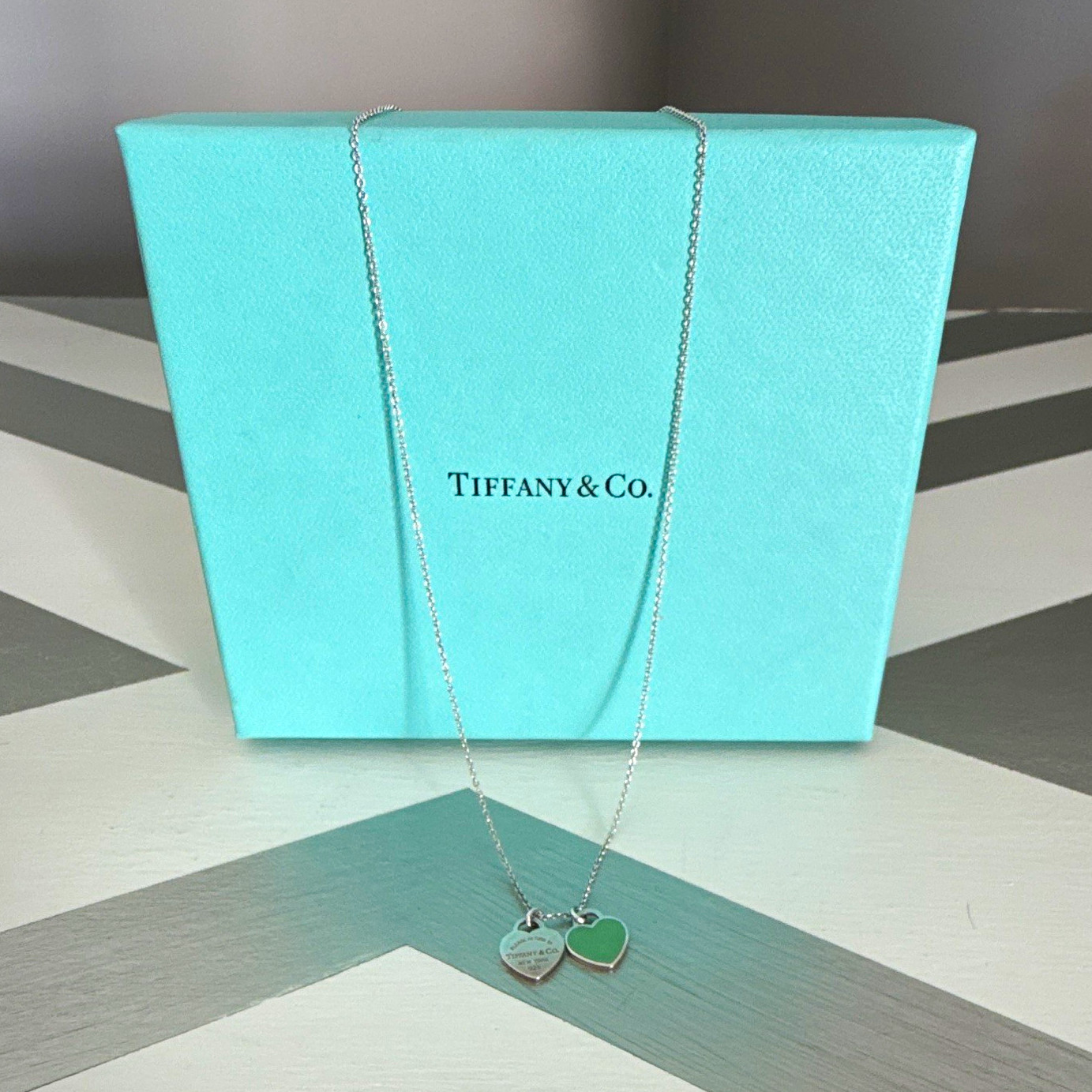 Tiffany & Co. Signed 925 Sterling Silver Double Heart Charm Necklace