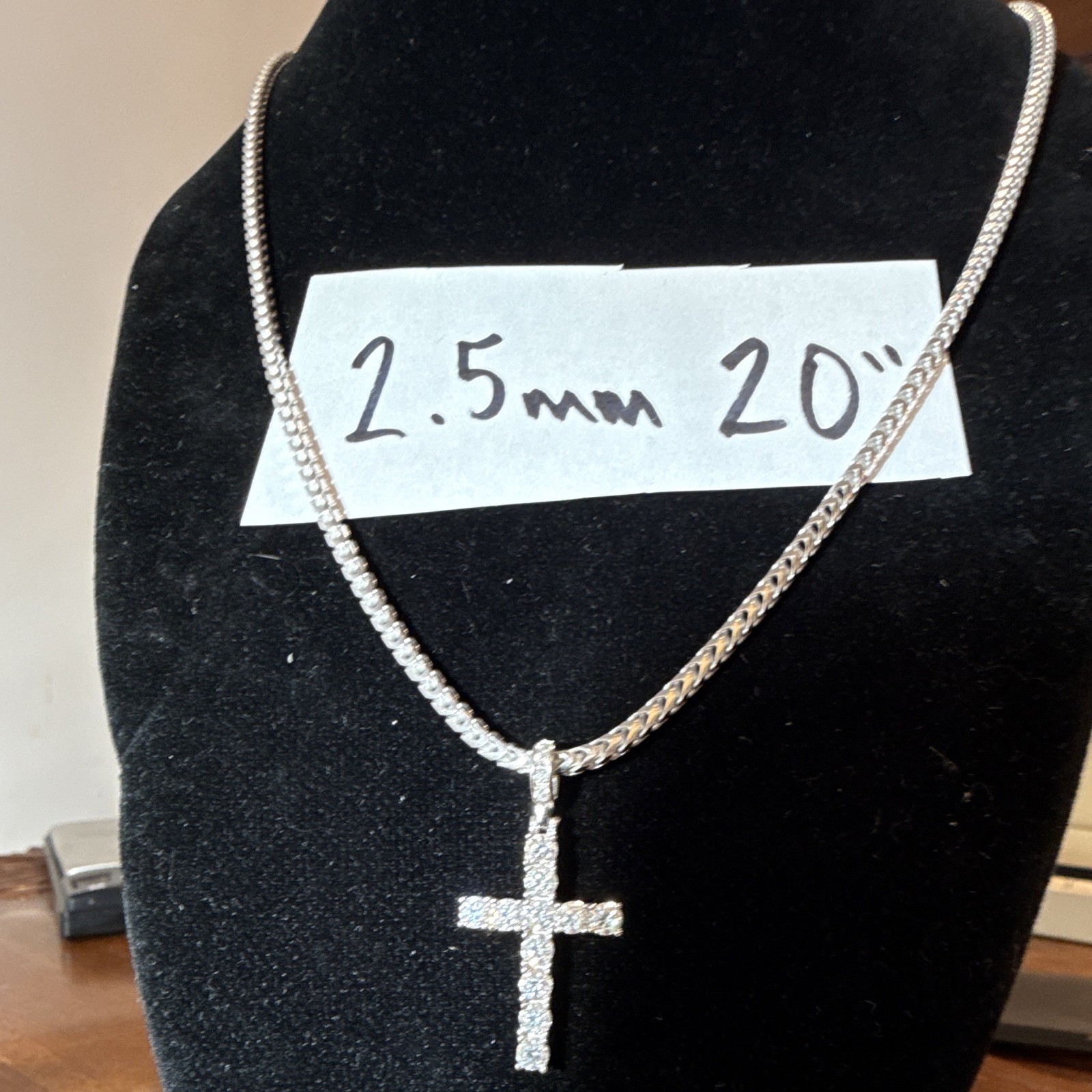 20” 2.5mm Rounded Franco Chain SOLID 925 (17g) w Moissanite Tennis Cross 2.0 CTW