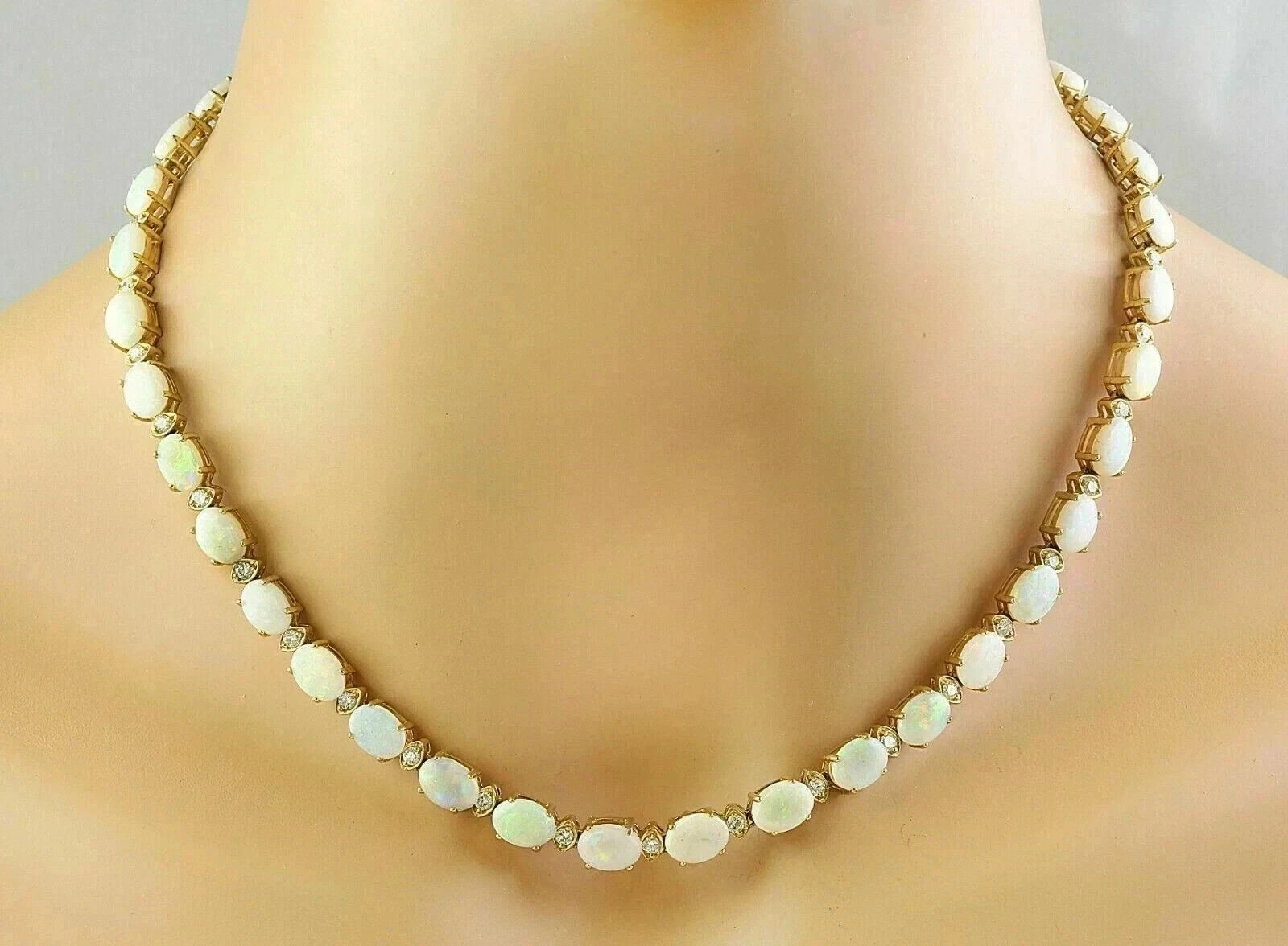 13CT Oval Lab Created Fire Opal Women’s Tennis Necklace 14K Yellow Gold Finish