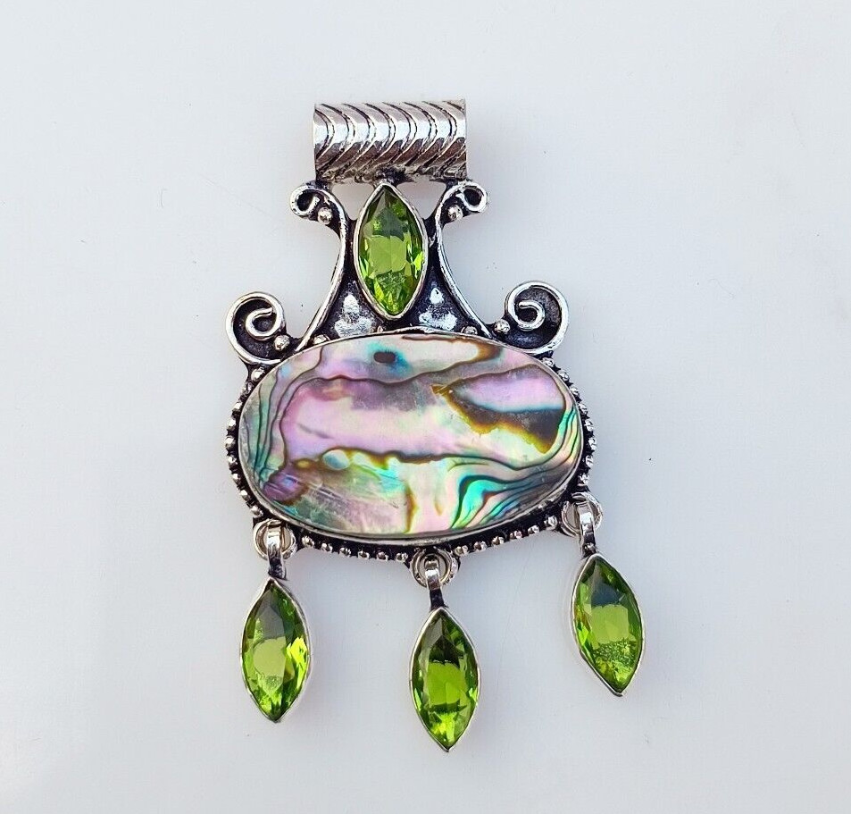 Green Peridot Abalone Pendant 925 Sterling Silver Handmade Gemstone Jewelry Gift
