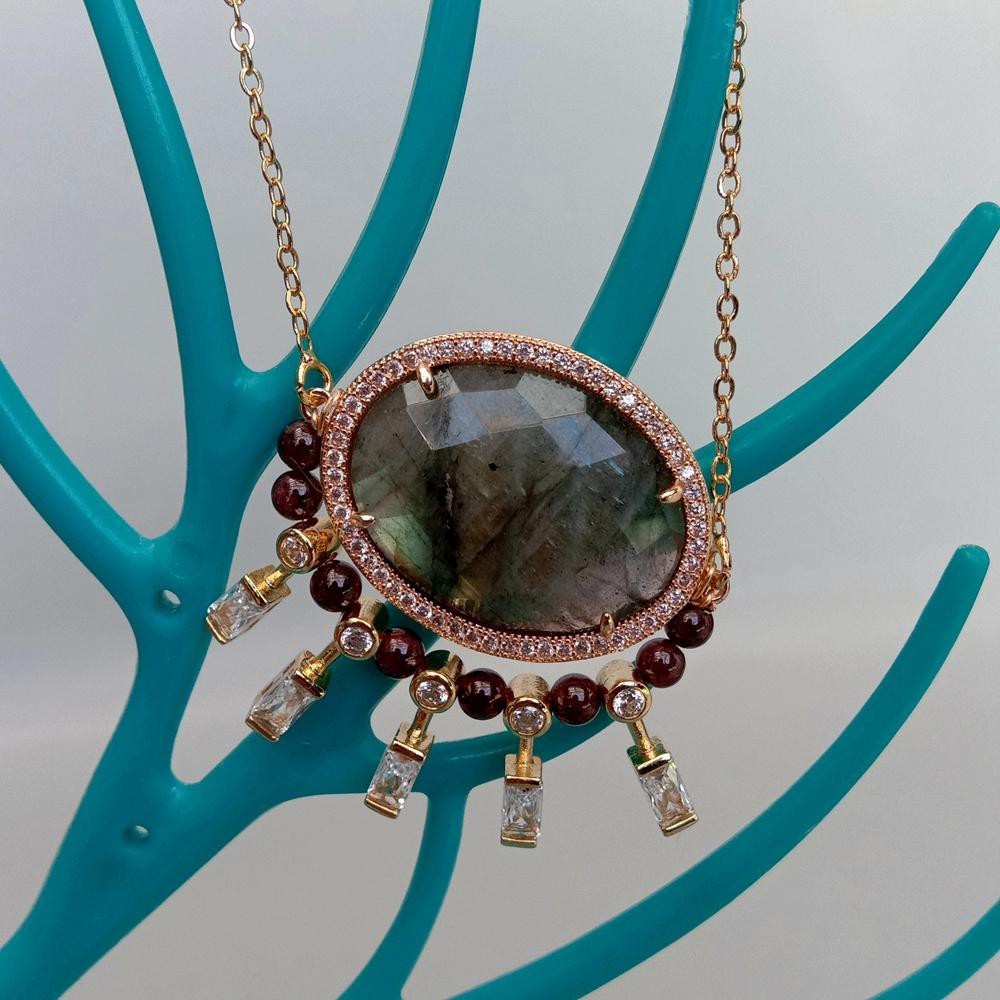 Lumina Pietra Natural Labradorite and Garnet Gemstone 18K Gold Plated Luxury…