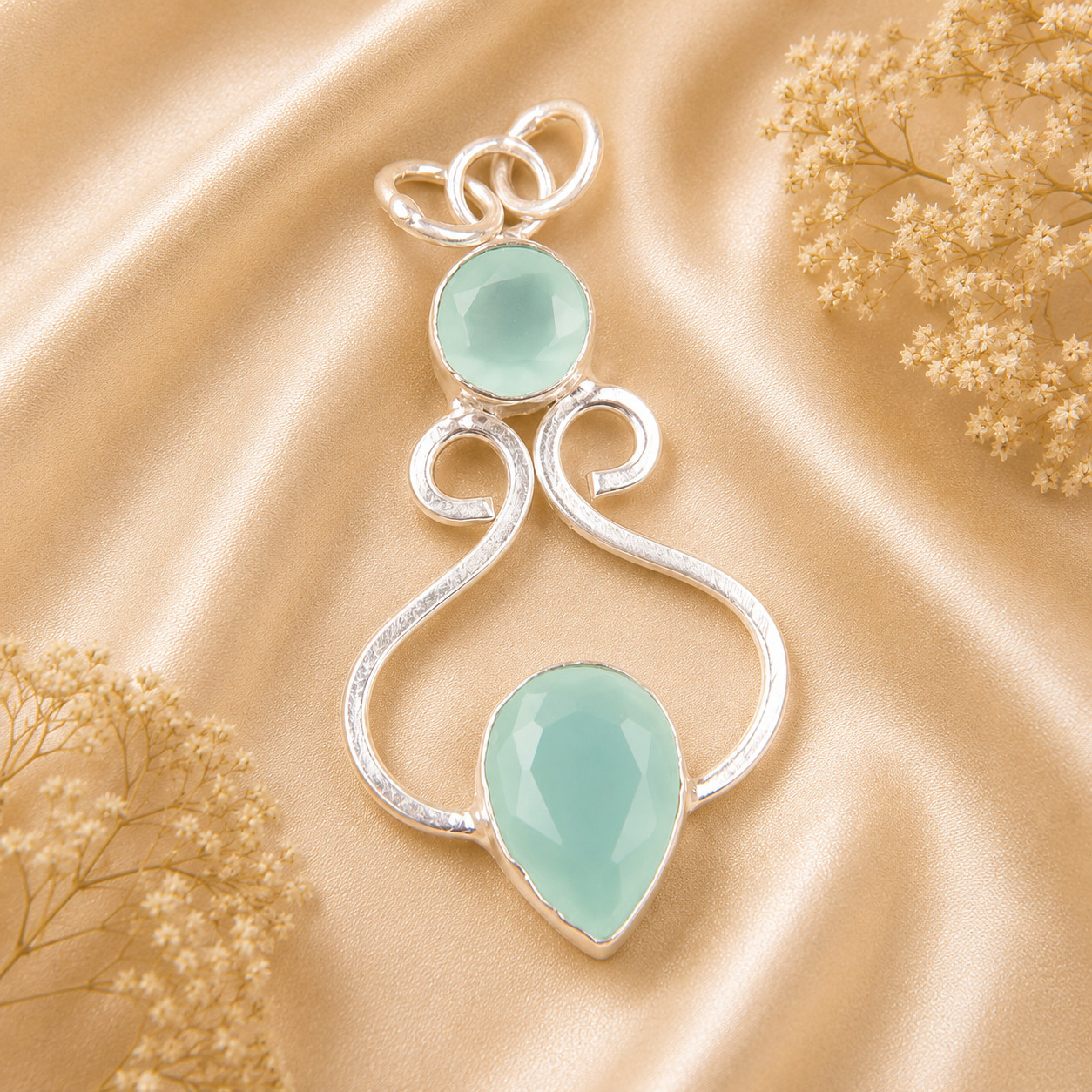 Aqua Chalcedony Gemstone 925 Sterling Silver Necklace Pendent 1.60″ Gift For Her