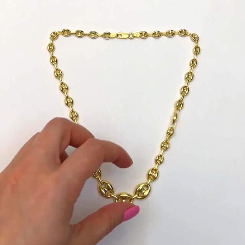 18K Yellow Gold Over Silver Puffed Anchor Mariner Graduated Necklace 17″