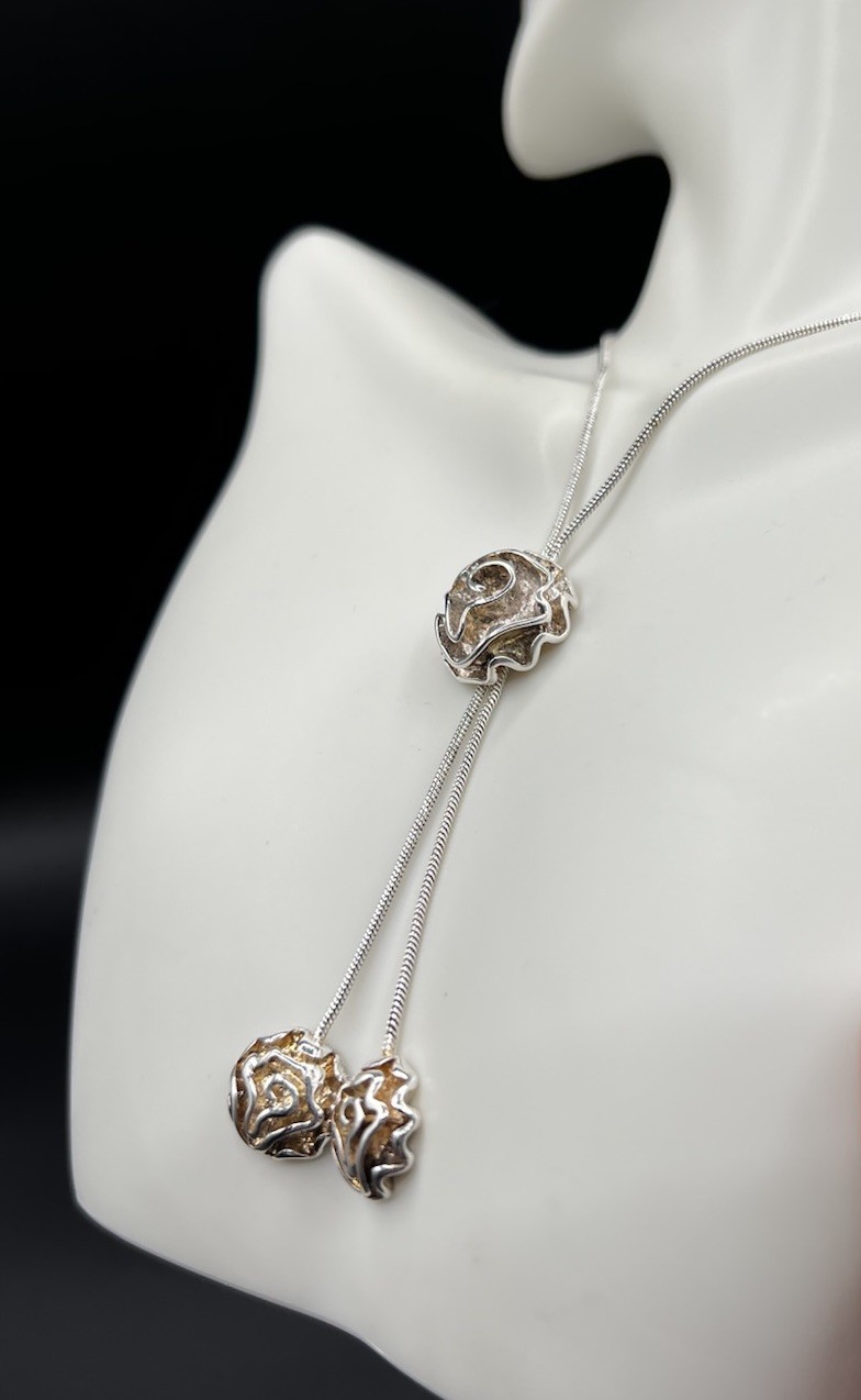 Sterling Silver Lasso Type Necklace, Round Pendant With Dangles, 24”