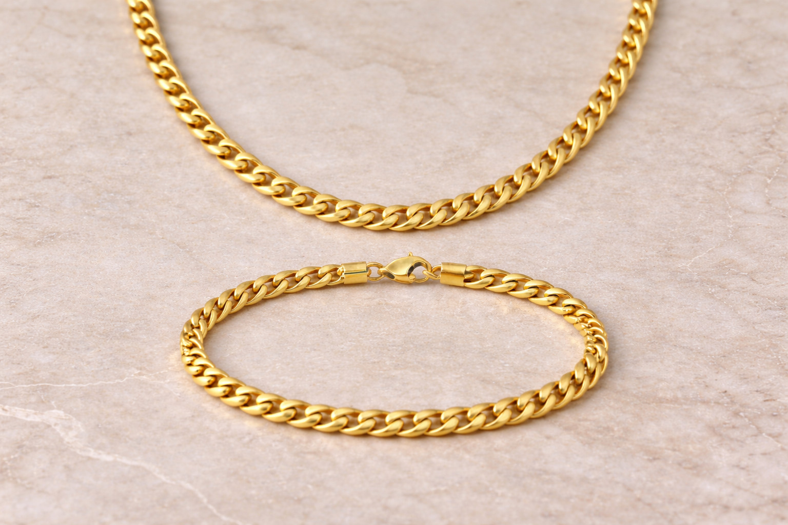 Italian 1/200 14k Yellow Gold Overlay Cuban Chain Necklace and Bracelet Set 4mm