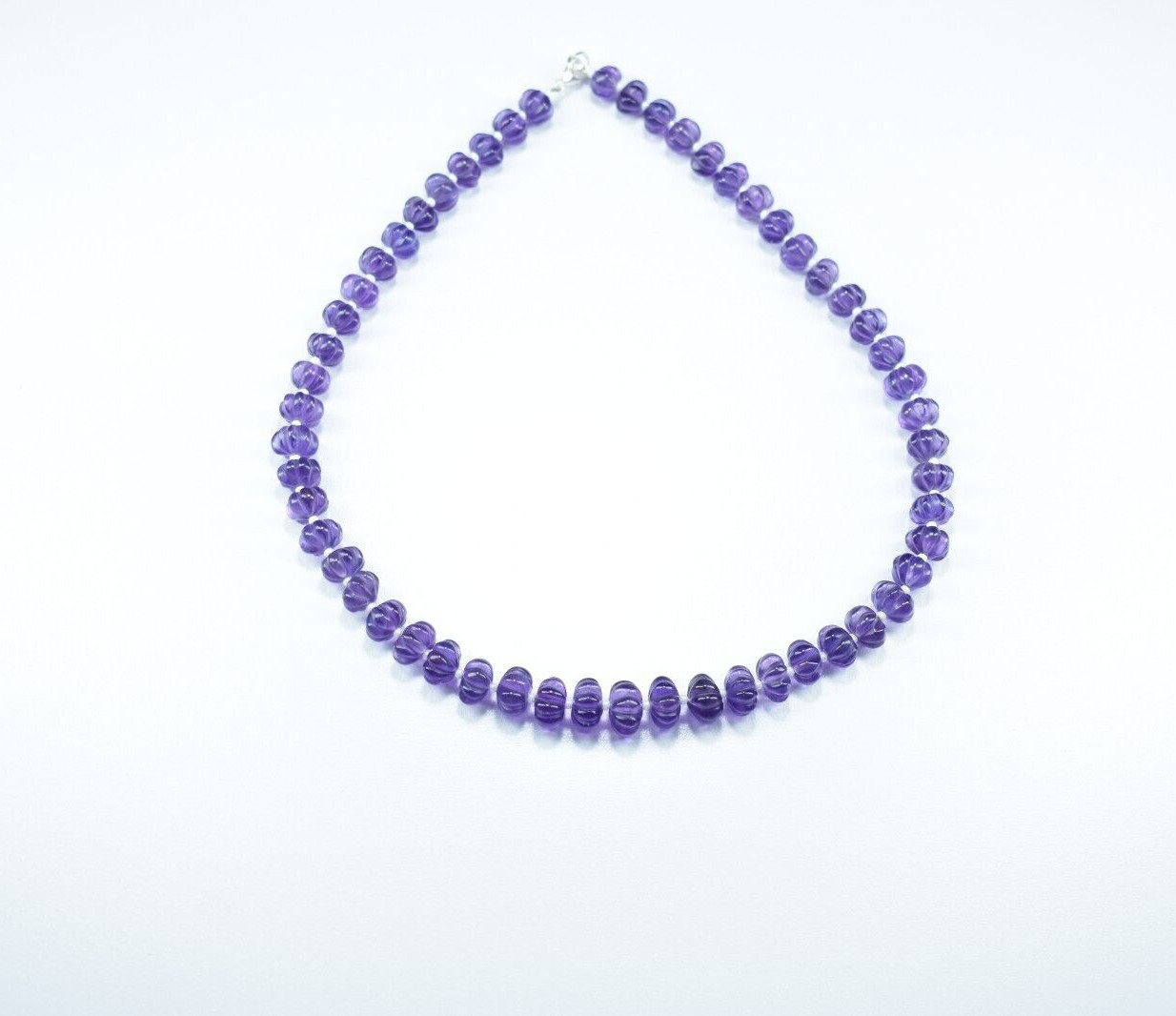 16″ African Amethyst Carved Melon Shape Beaded Necklace Sterling Silver 7.5-10mm