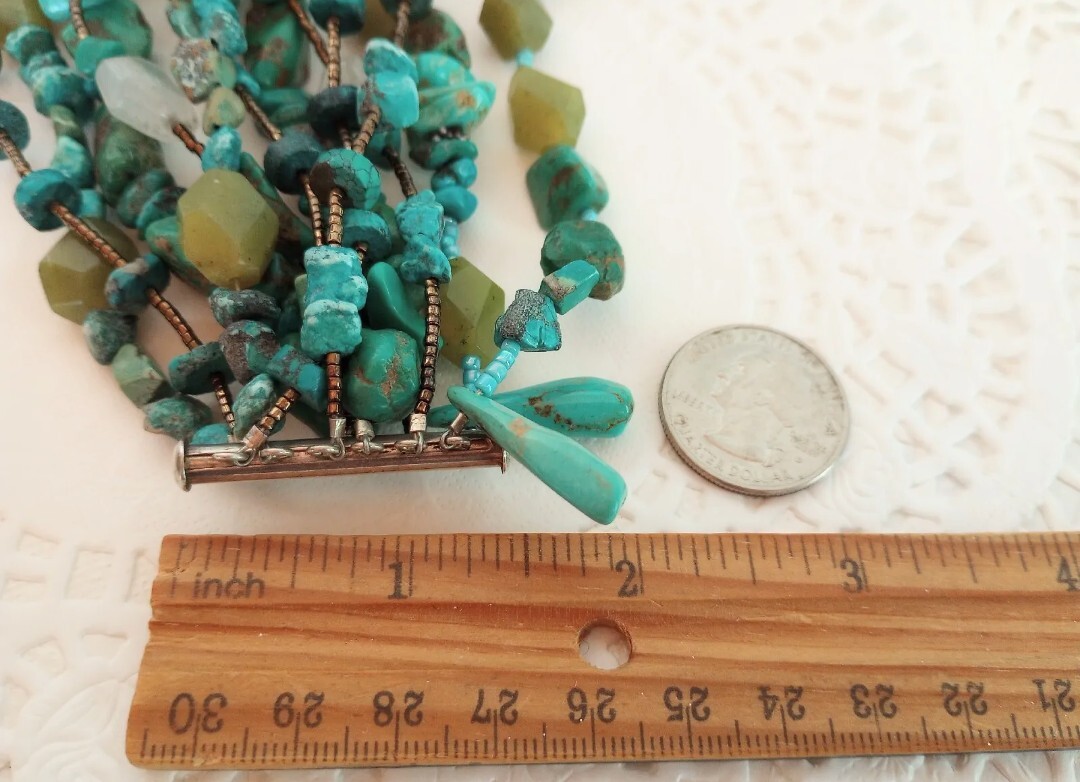 Vintage ? Native American ?Stone Bead Choker 6Row Necklace Turquoise Nuggets 925