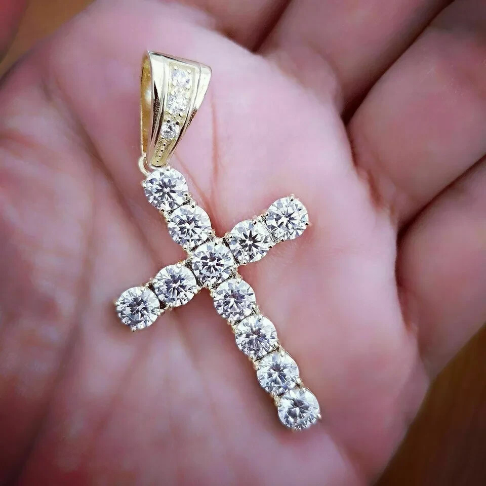 3Ct Round Cut VVS1/D Diamond Cross Pendant 14K Yellow Gold Finish Free Chain