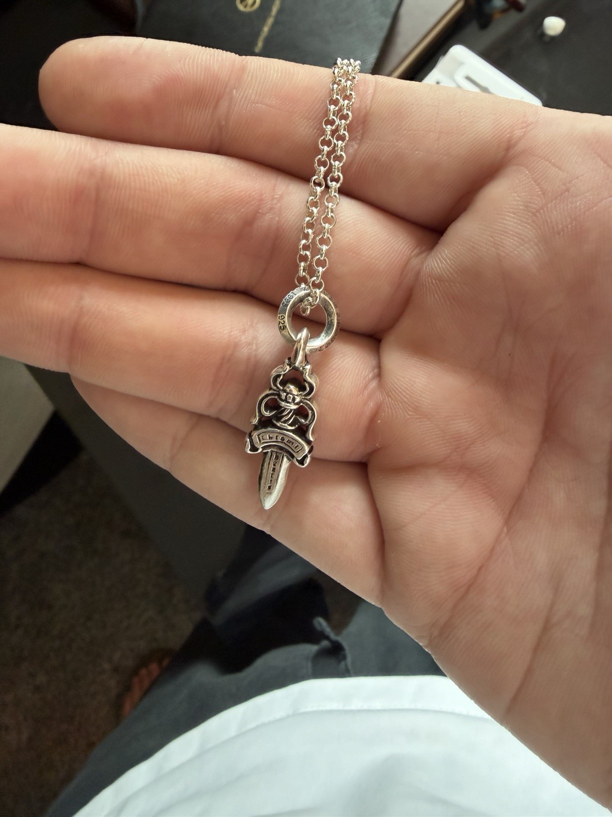 Chrome Hearts 925 Sterling Silver Dagger Pendant Cable Chain Necklace Lobster