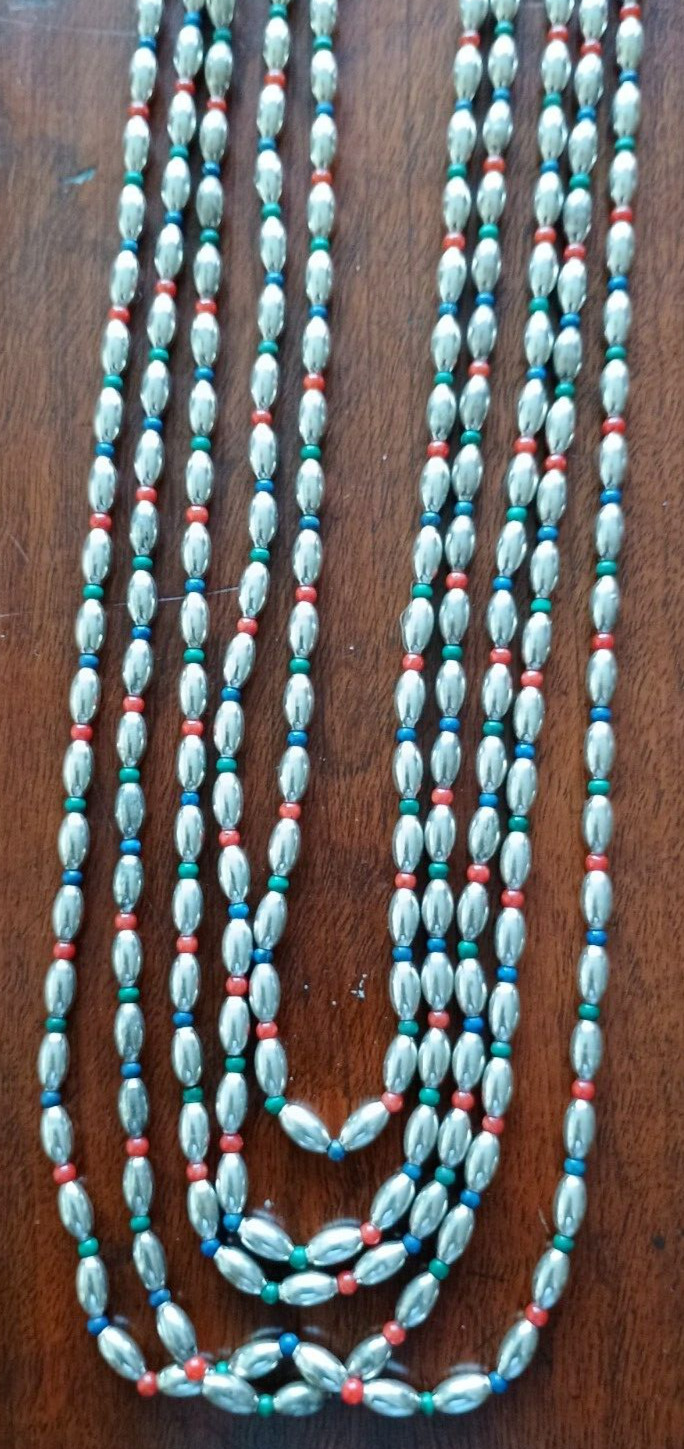 4.9 OZ. STERLING SILVER NECKLACE, WITH RED, GREEN, BLUE STONE BEADS, SIGNED NR