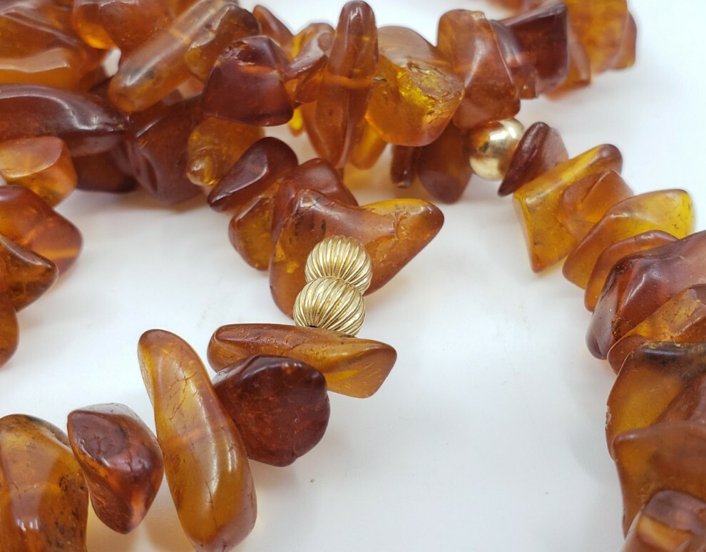 Fine Vintage 14K gold beads w Genuine Amber Chip chunky Necklace 115 grams