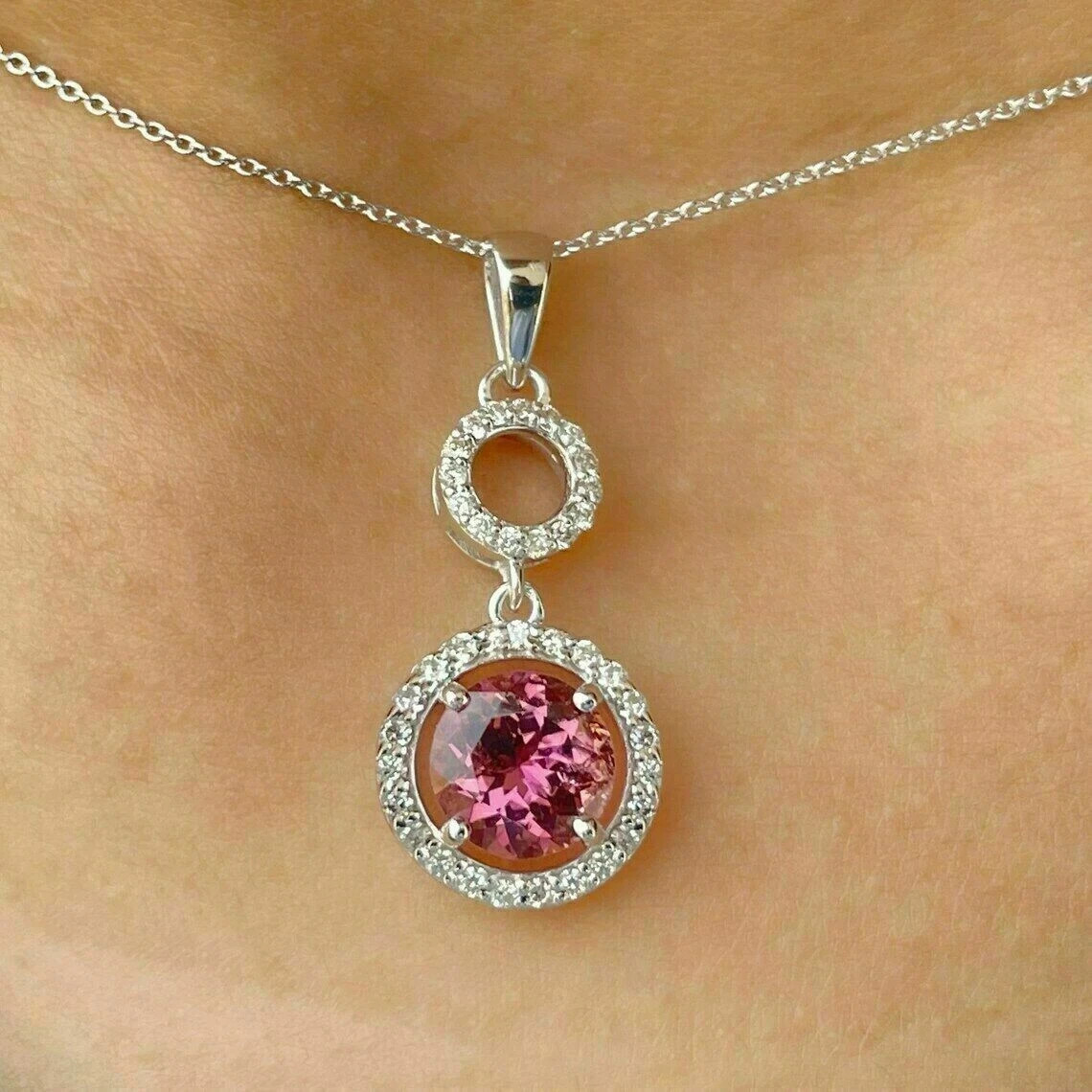 2.00Ct Round Cut Red Ruby Halo Pendant 14K White Gold Finish 18” Free Chain