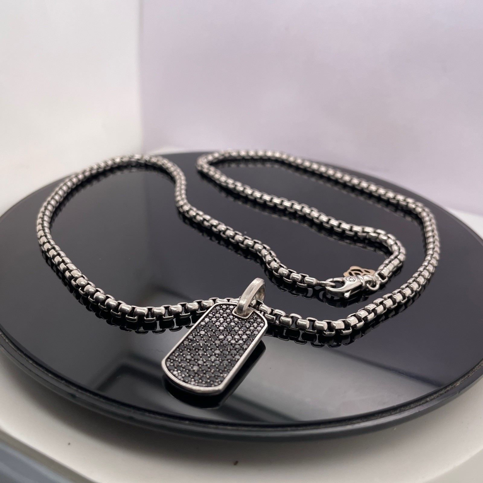 David Yurman Silver Black Diamonds Chevron Tag Pendant Necklace $2600 / 27mm