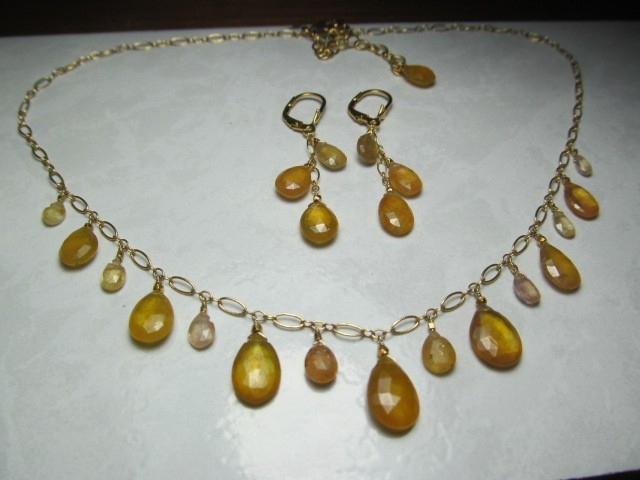 Sri Lanka Golden SAPPHIRE faceted briolette beads 14k Gold Filled Necklace set