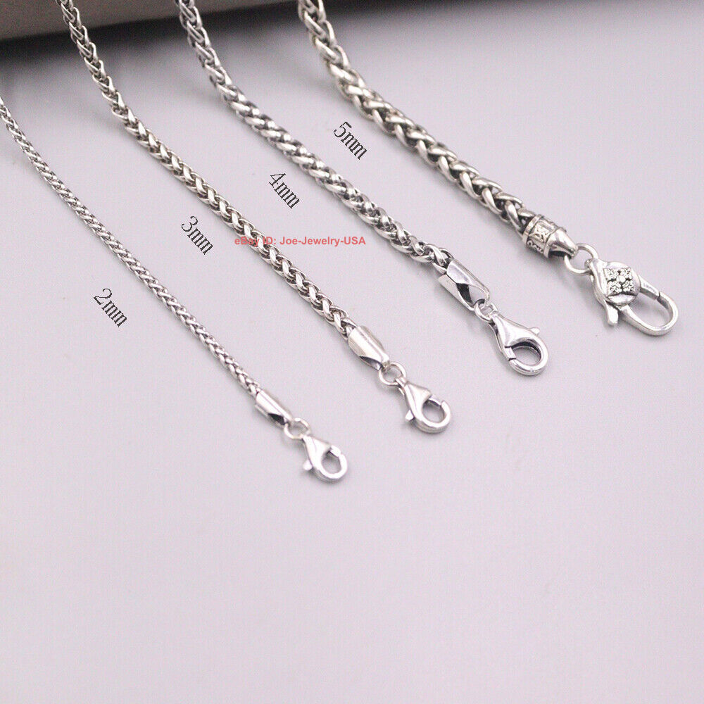Real S925 Sterling Silver Necklace Classic Wheat Link Chain 2mm, 3mm, 4mm, 5mm