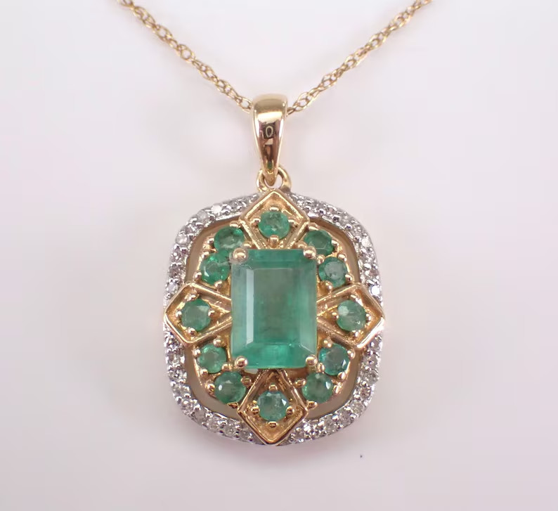 2.2Ct Emerald Cut Lab Created Emerald Halo Pendant 14K Yellow Gold Plated Silver