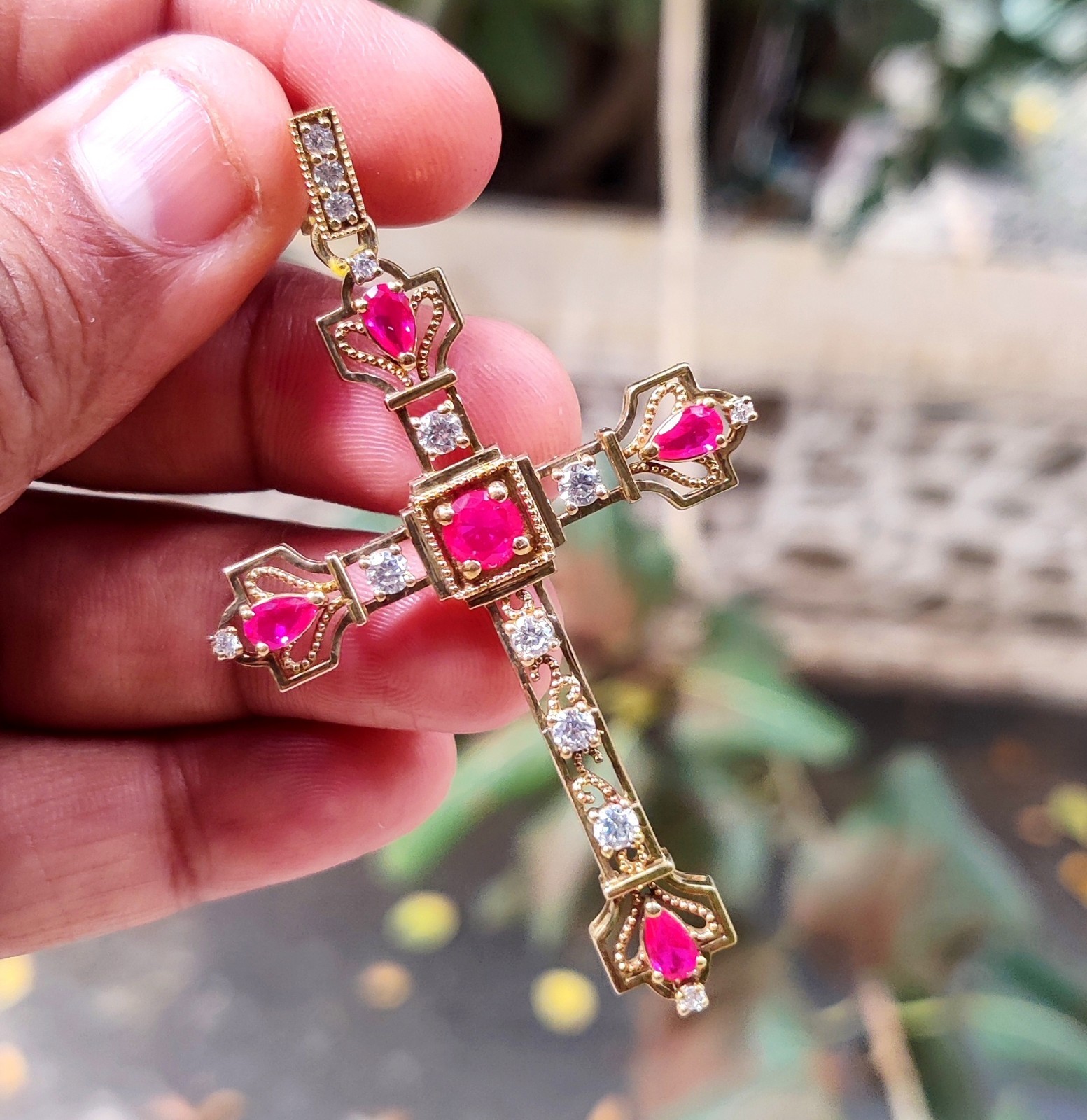 1.20Ct Round Cut Lab-Created Ruby Hip Hop Cross Pendant 14K Yellow Gold Plated