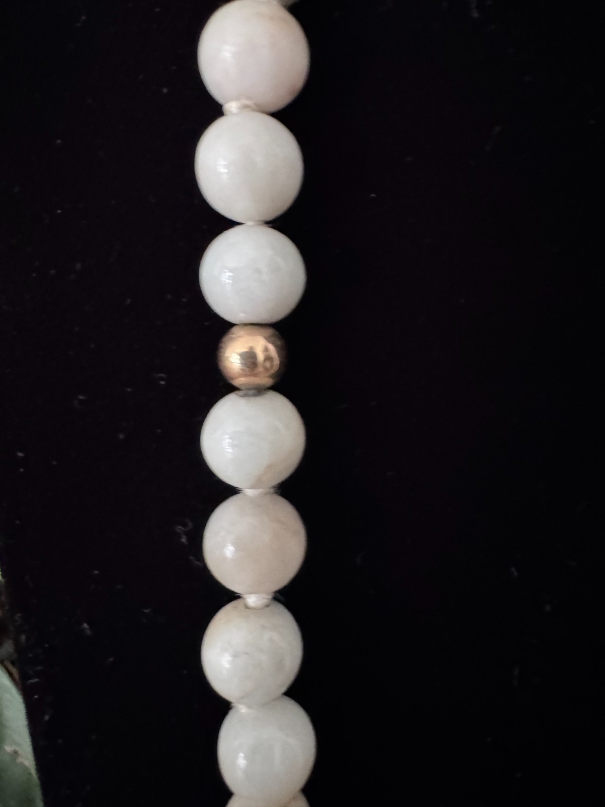 Vintage 33″ White Celadon Jade Bead Necklace 14K Gold Accents Hand Knotted 109g