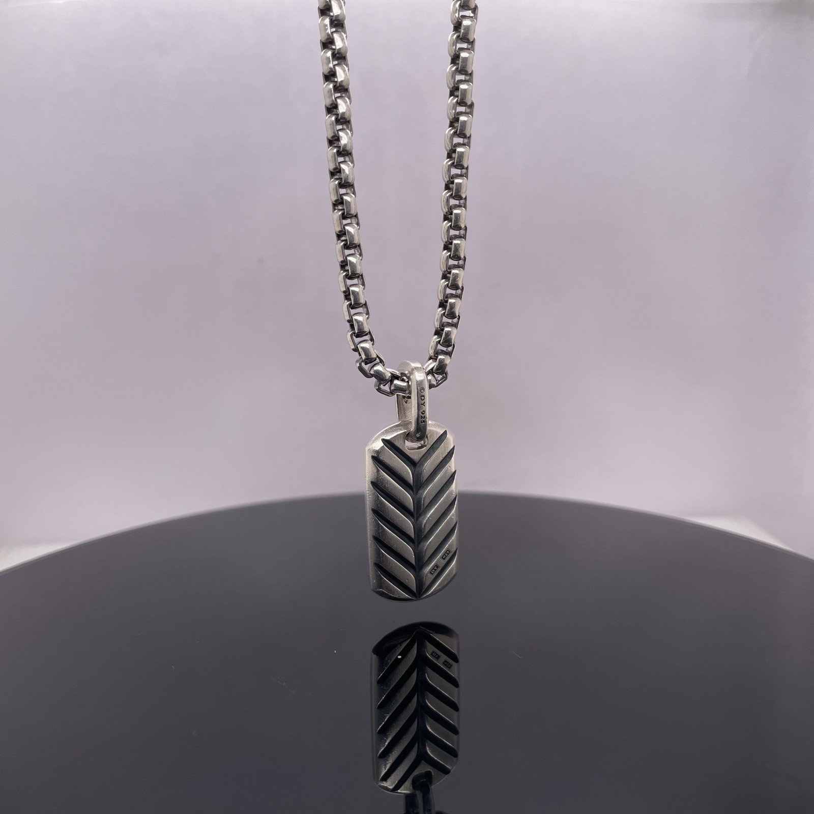 David Yurman Silver Black Diamonds Chevron Tag Pendant Necklace $2600 / 27mm