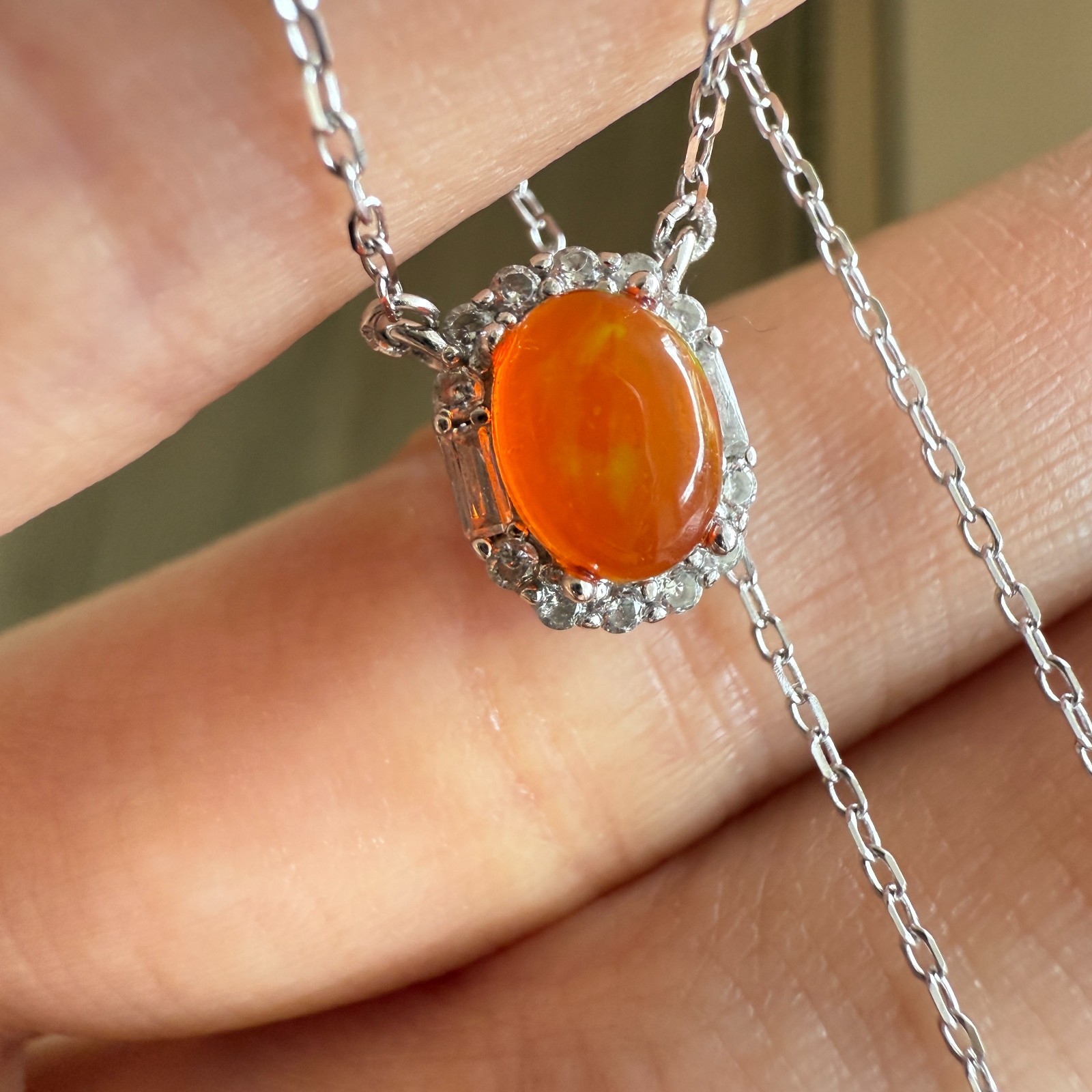 925 Sterling Silver Necklace 7x6mm Natural Fire Opal Gemstone Zircon Women Cute