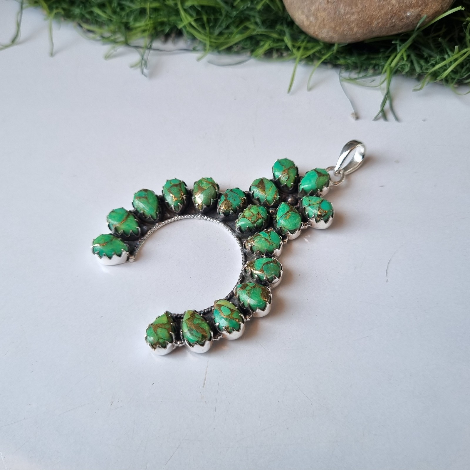 Large Green Copper Turquoise Gemstone Pendant 925 Sterling Silver Gift BT89