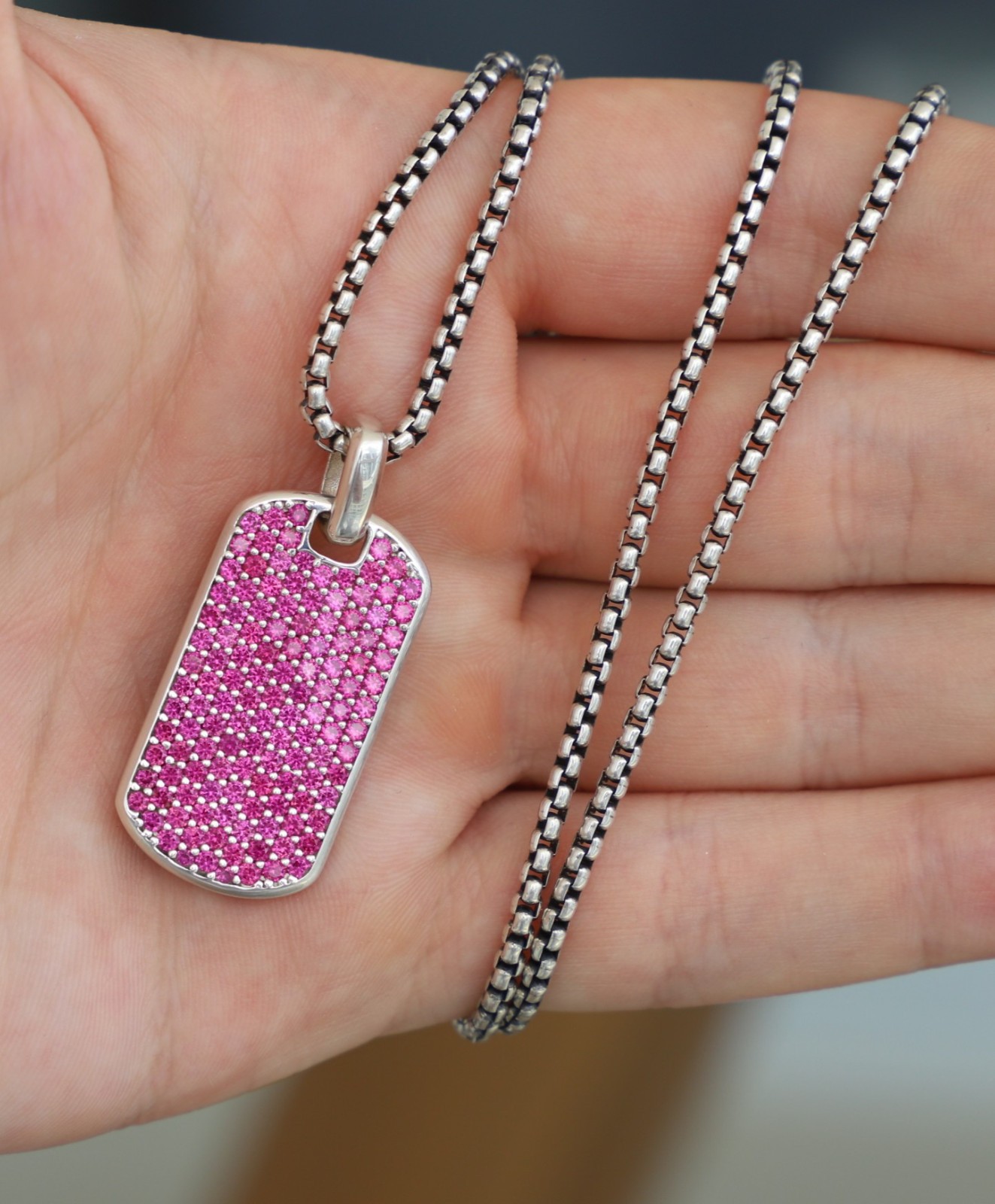 David Yurman Chevron 35mm Sterling Silver & Ruby Pave Dog Tag with Box Chain