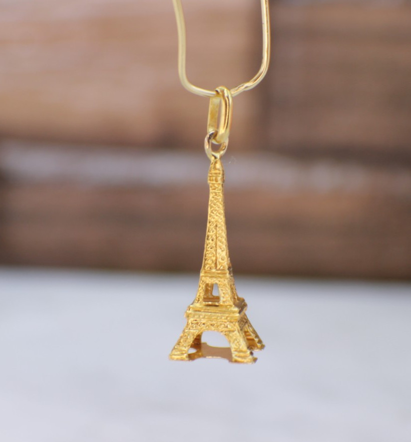 Solid 18K Yellow Gold 3D Spanish Eifel Tower Paris Pendant Charm Travel