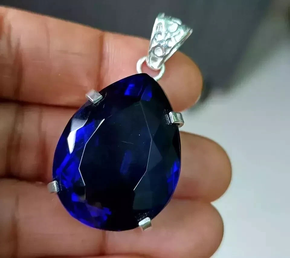Natural 30 Ct Blue Sapphire Pear Cut 925 Silver Pendant Certified Loose Gemstone