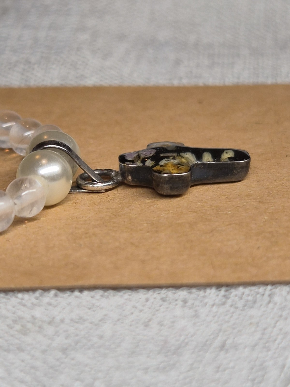 Handmade Sterling Silver Cross Pendant Real Flowers In Resin On Crystal Necklace
