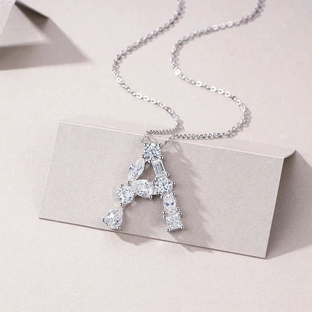 1Ctw Multi Cut Real Moissanite Initial “A” Letter Pendant 14K White Gold Plated