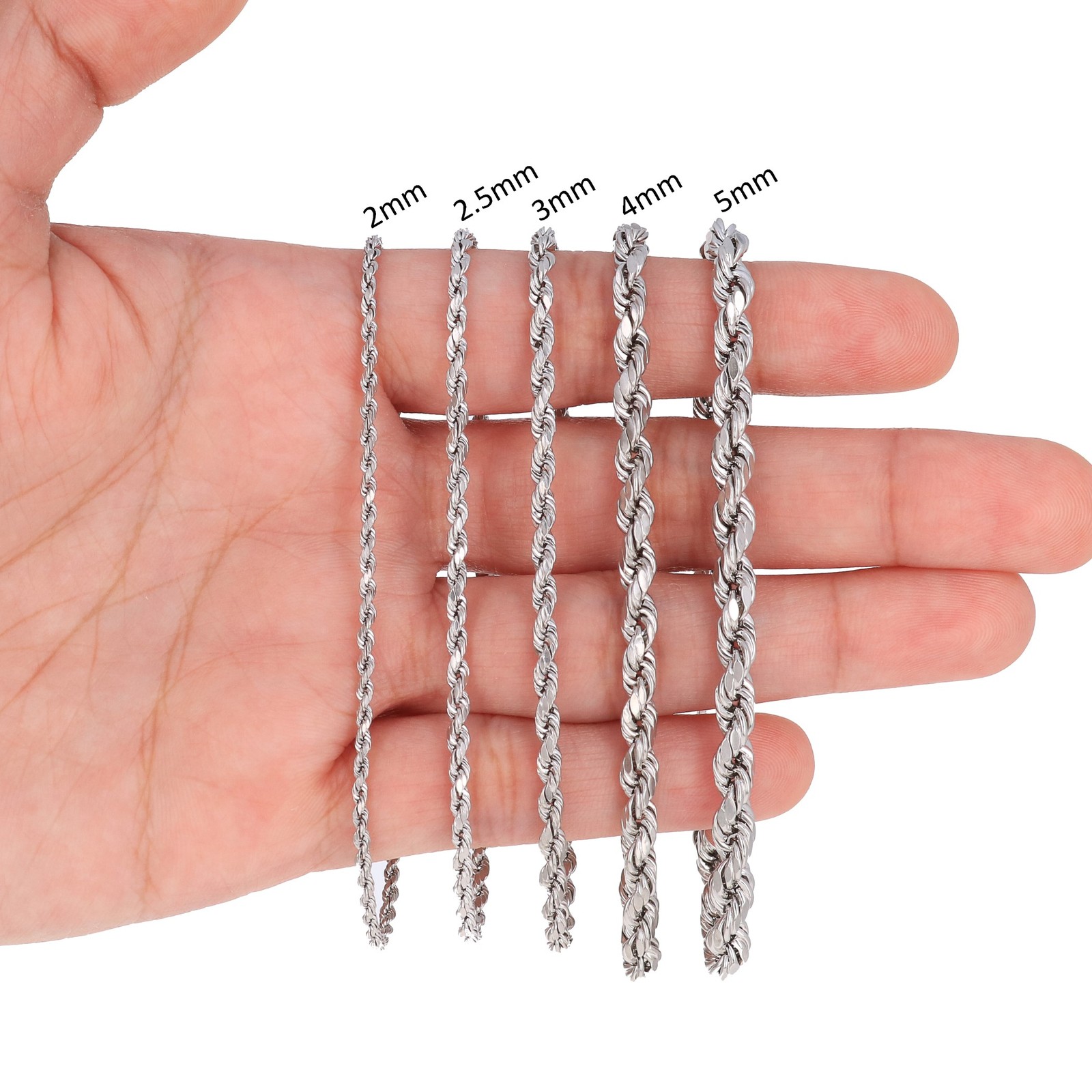 14K White Gold 1.5mm-5mm Diamond Cut Rope Chain Necklace Mens Womens 14″-30″