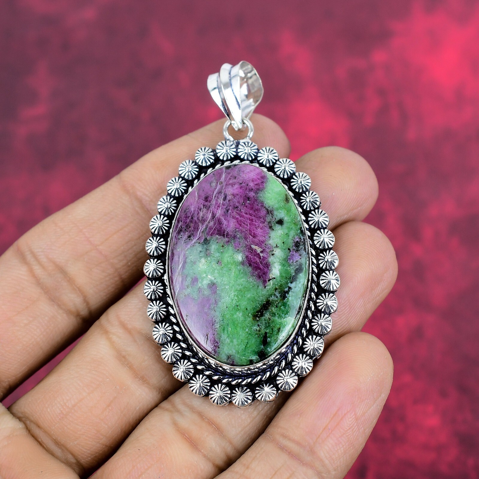 Ruby Zoisite Gemstone Handmade 925 Sterling Silver Pendant Jewelry