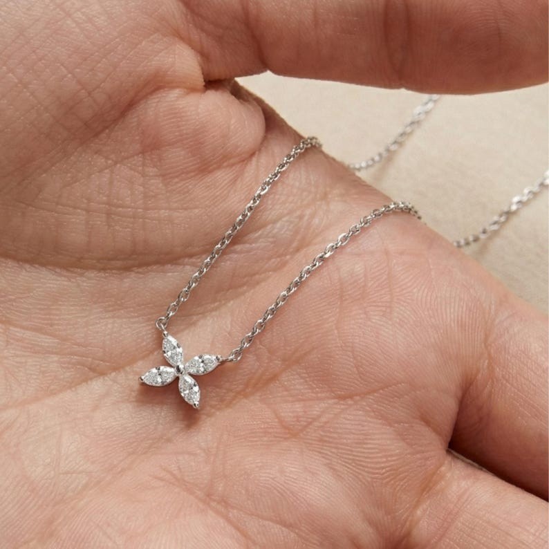Marquise Cut Flower Necklace Four Petal Cluster Sterling Silver Floral Jewelry