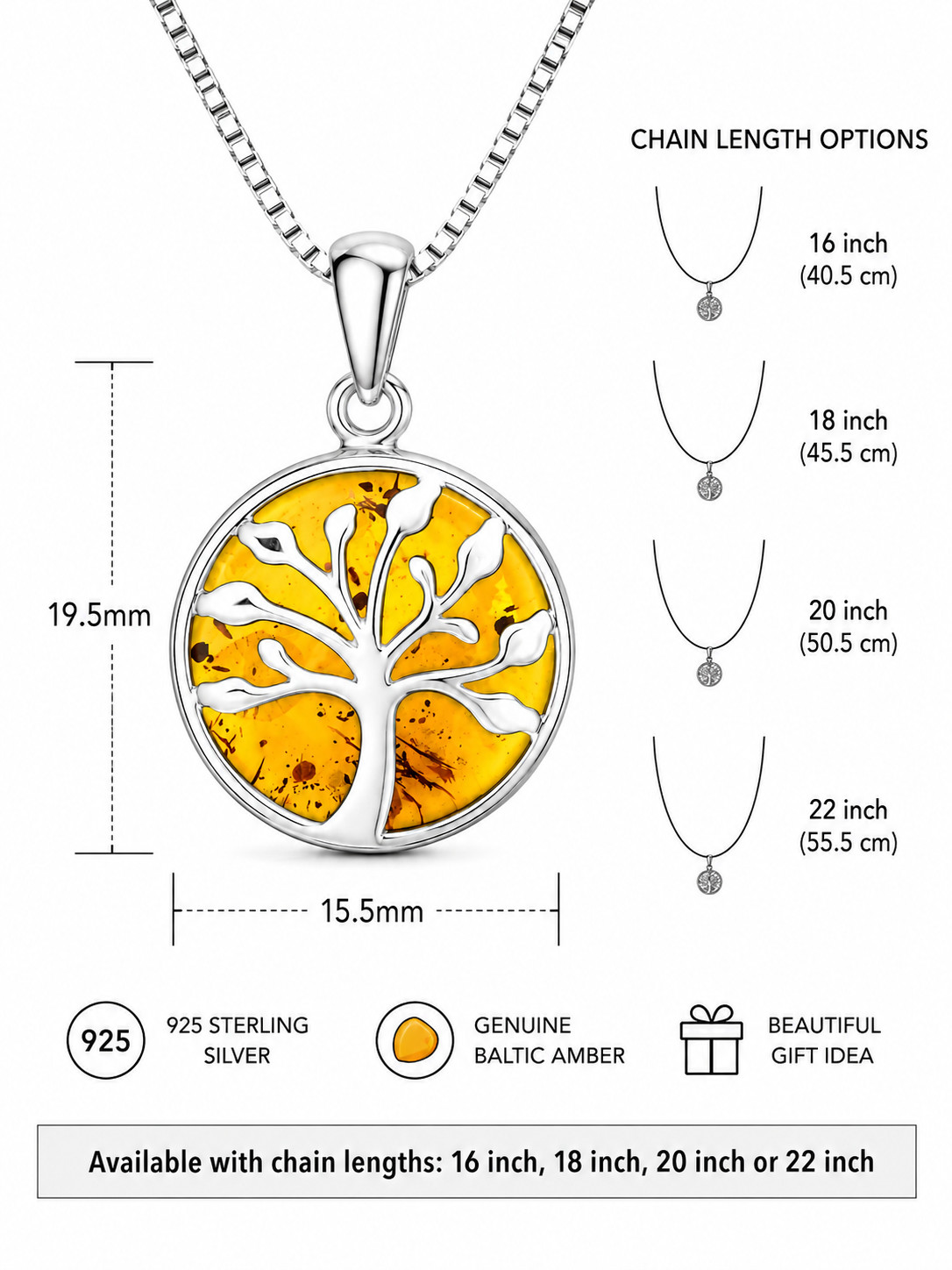 Genuine Baltic Amber Tree of Life Pendant Necklace 925 Sterling Silver Box Chain