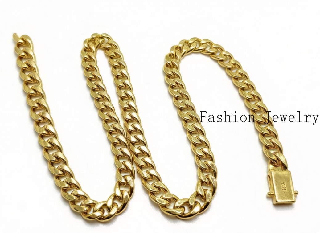 18K Solid Yellow Gold 10mm Curb Cuban Link Chain Necklace Bracelet 26″ Polished