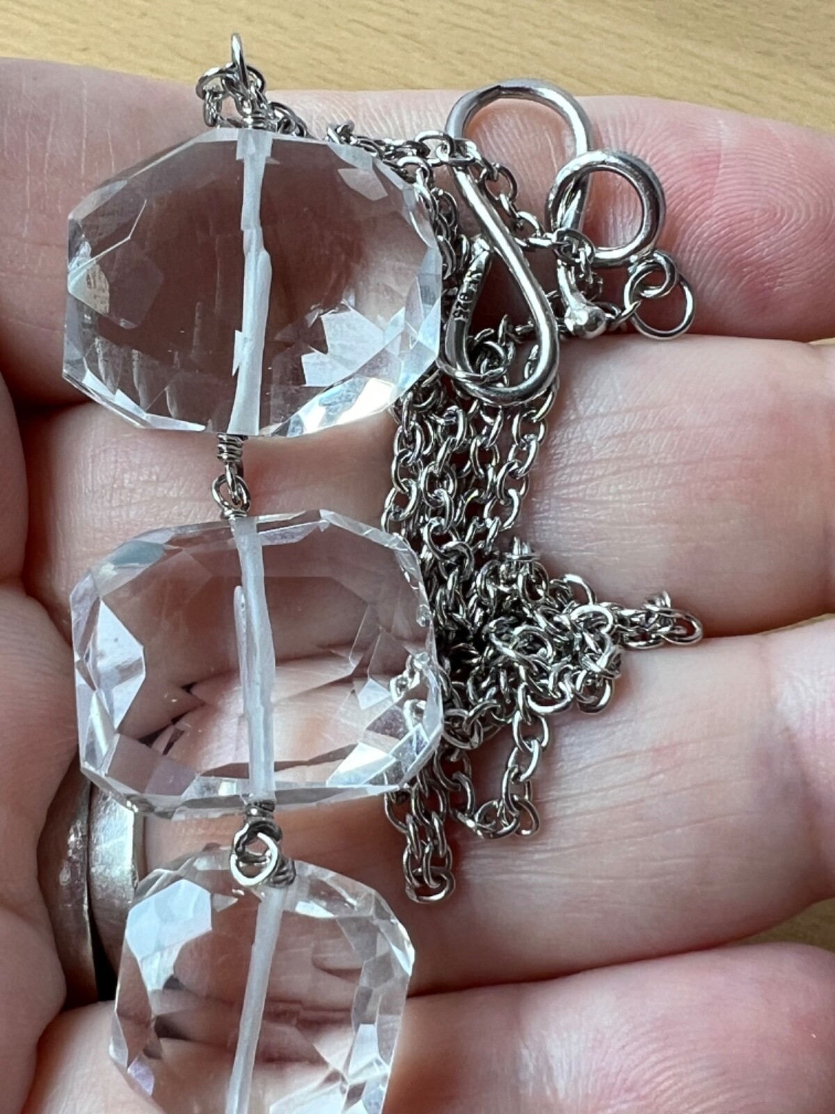 ARTISAN ROCK CRYSTAL CLEAR COLORLESS QUARTZ LONG NECKLACE 925 STERLING DESIGNER