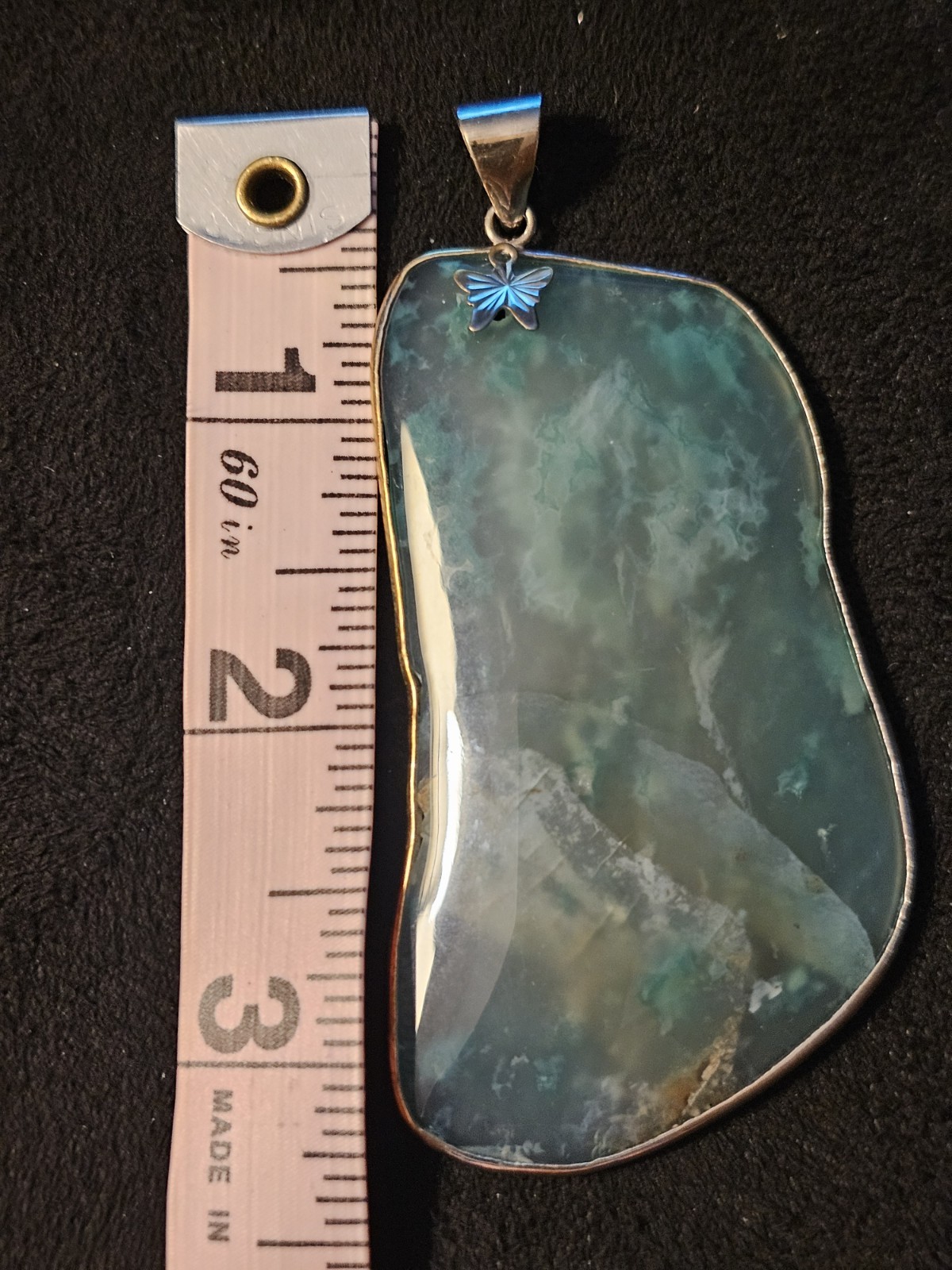 925 Sterling Silver Green Jade Freeform Pendant Bezel Set Butterfly Signed