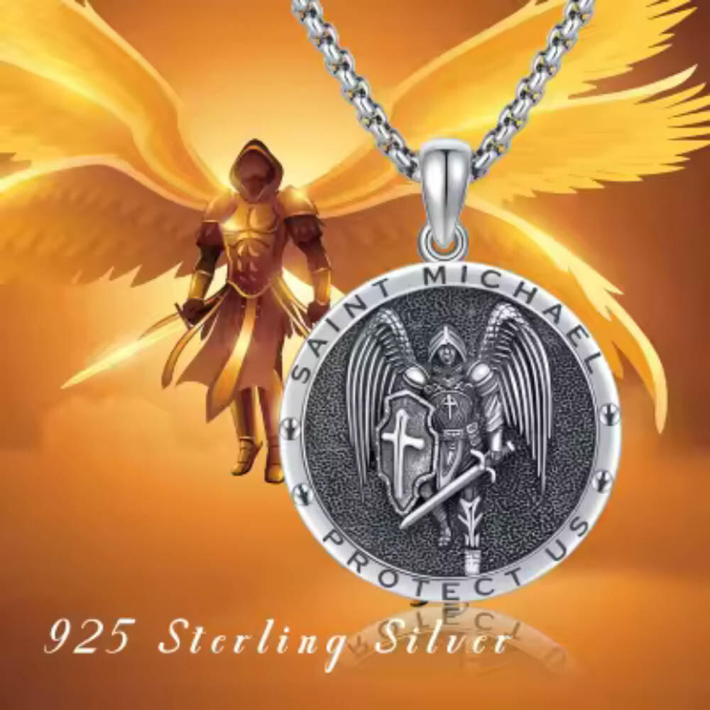 MLD 925 Sterling Silver Saint St Michael Medal Pendant Necklace w/ 22″ Box Chain
