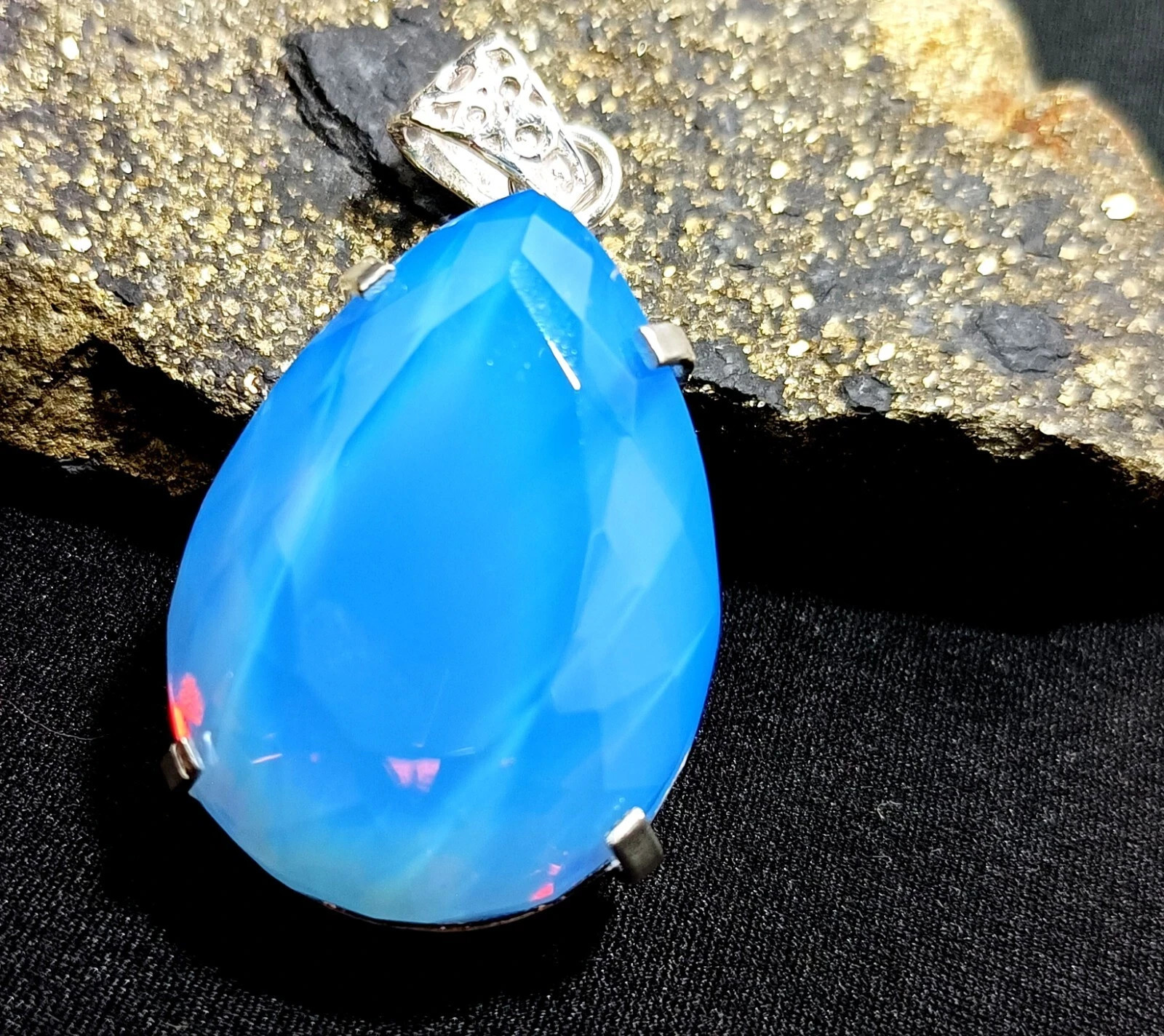 Natural Blue Opal 106 Ct Pear Cut 925 Sterling Silver Fine Jewelry Pendant