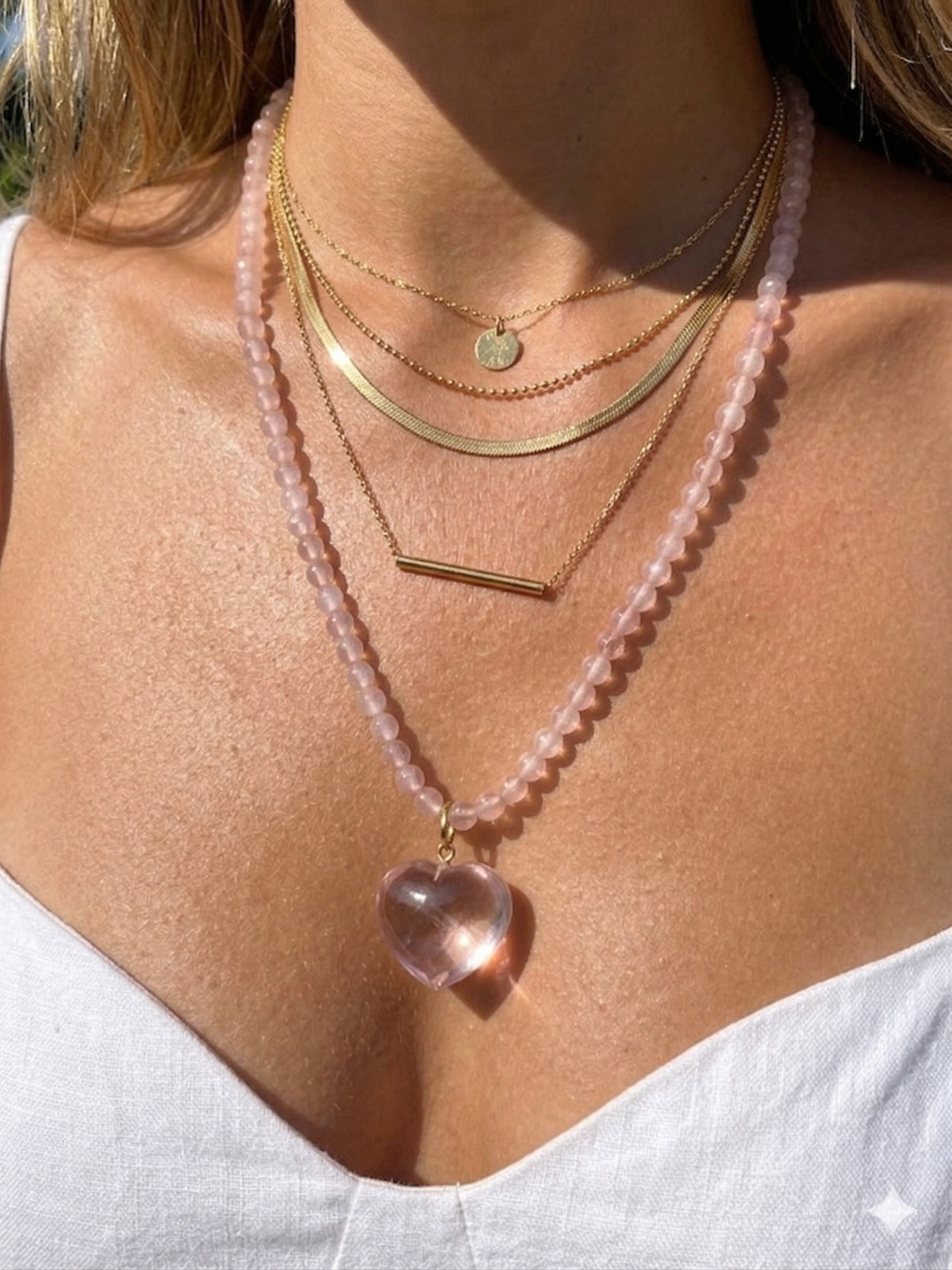 Flawless Eye-Clean Rose Quartz Heart Necklace, 925 Silver, Pink Phantom Beads