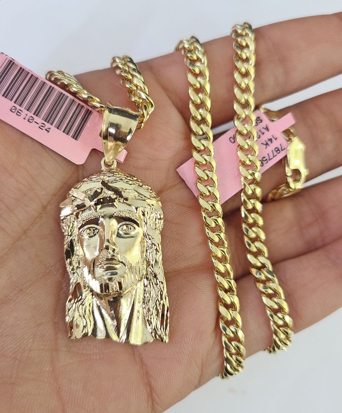 Real 14k Gold Chain Jesus Head Pendant Set 14kt Miami Cuban Link Chain 5mm Charm