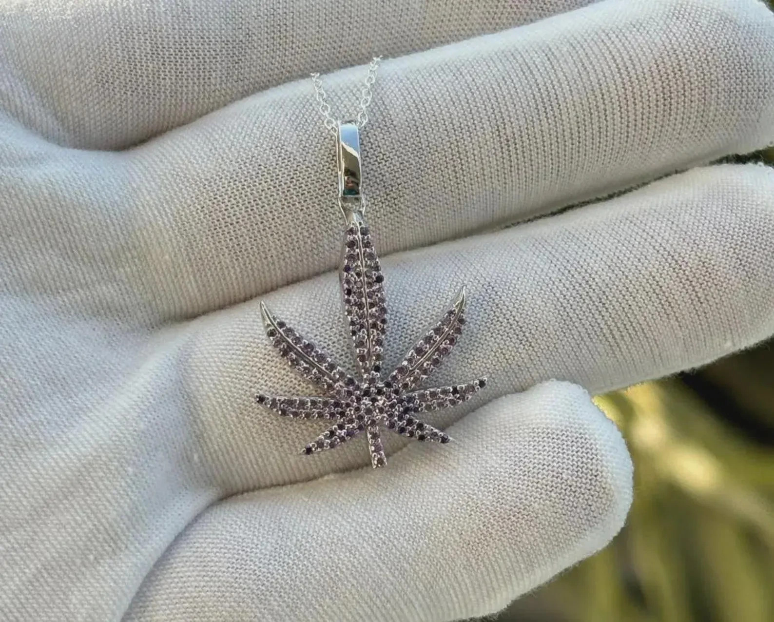 1 Ct Lab Created Purple Amethyst Marijuana Leaf Pendant 14K White Gold Plated