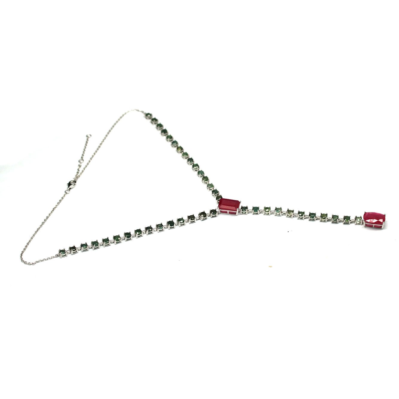 925 Sterling Silver 10 x 13 mm. Red Ruby Green Tourmaline Necklace 18.0 In.