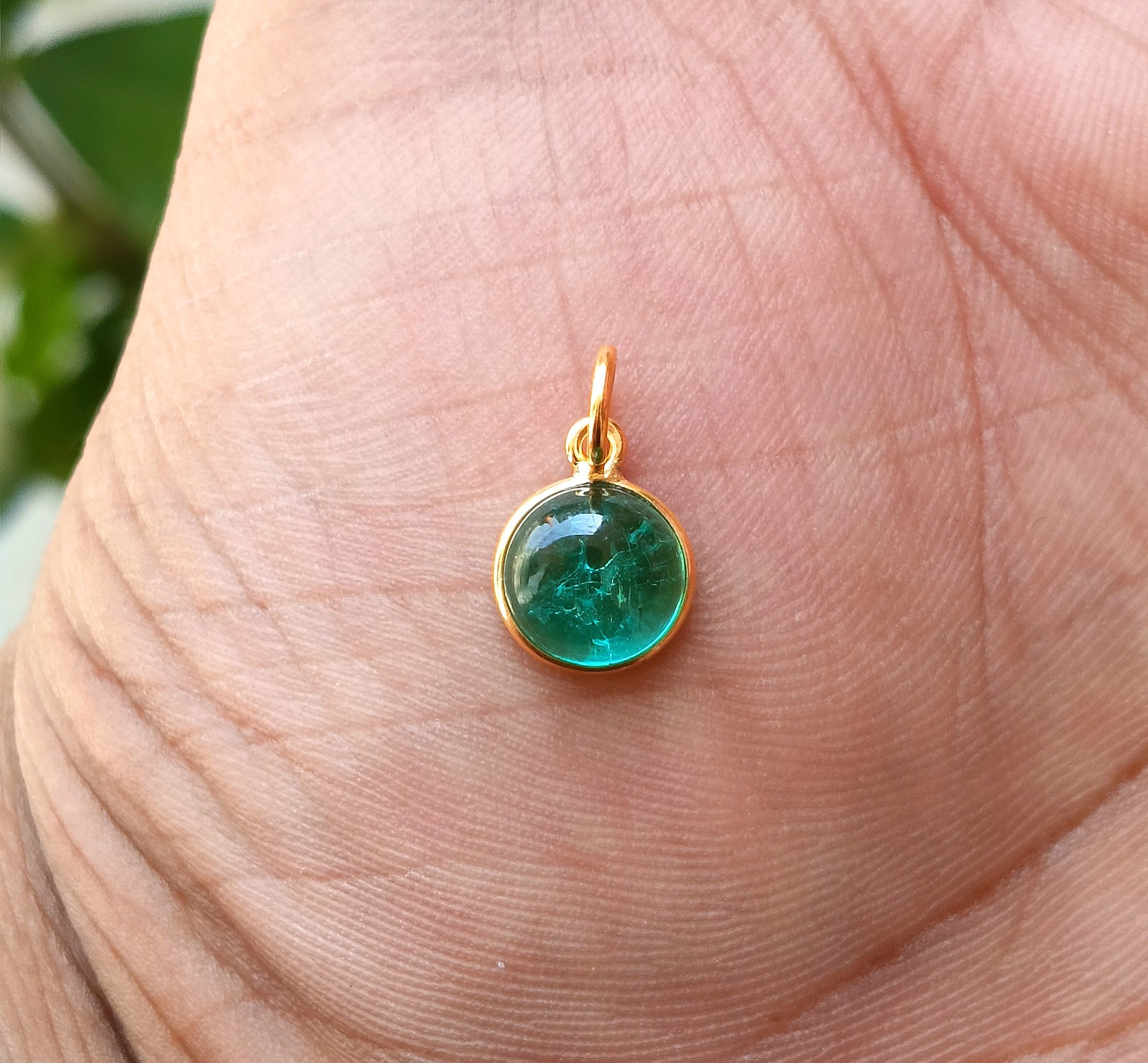 Natural Emerald Round Gold Charm, 18k Solid Gold Charm Handmade Necklace Pendant