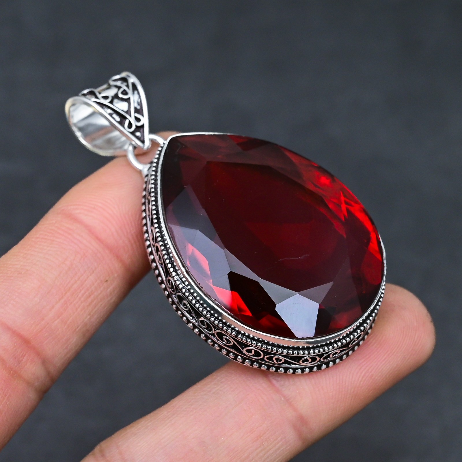 Red Garnet Gemstone 925 Sterling Silver Pendant Handmade Jewelry Gift For Her