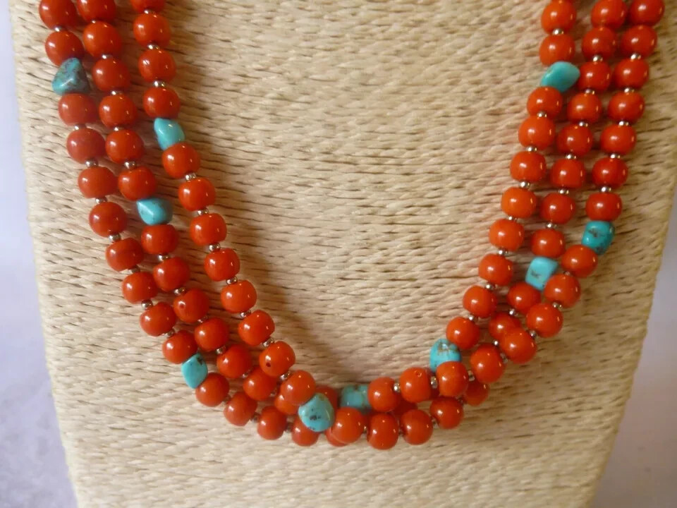 Coral/Turquoise Nuggets Native American Southwestern 925 Multi strand Necklace