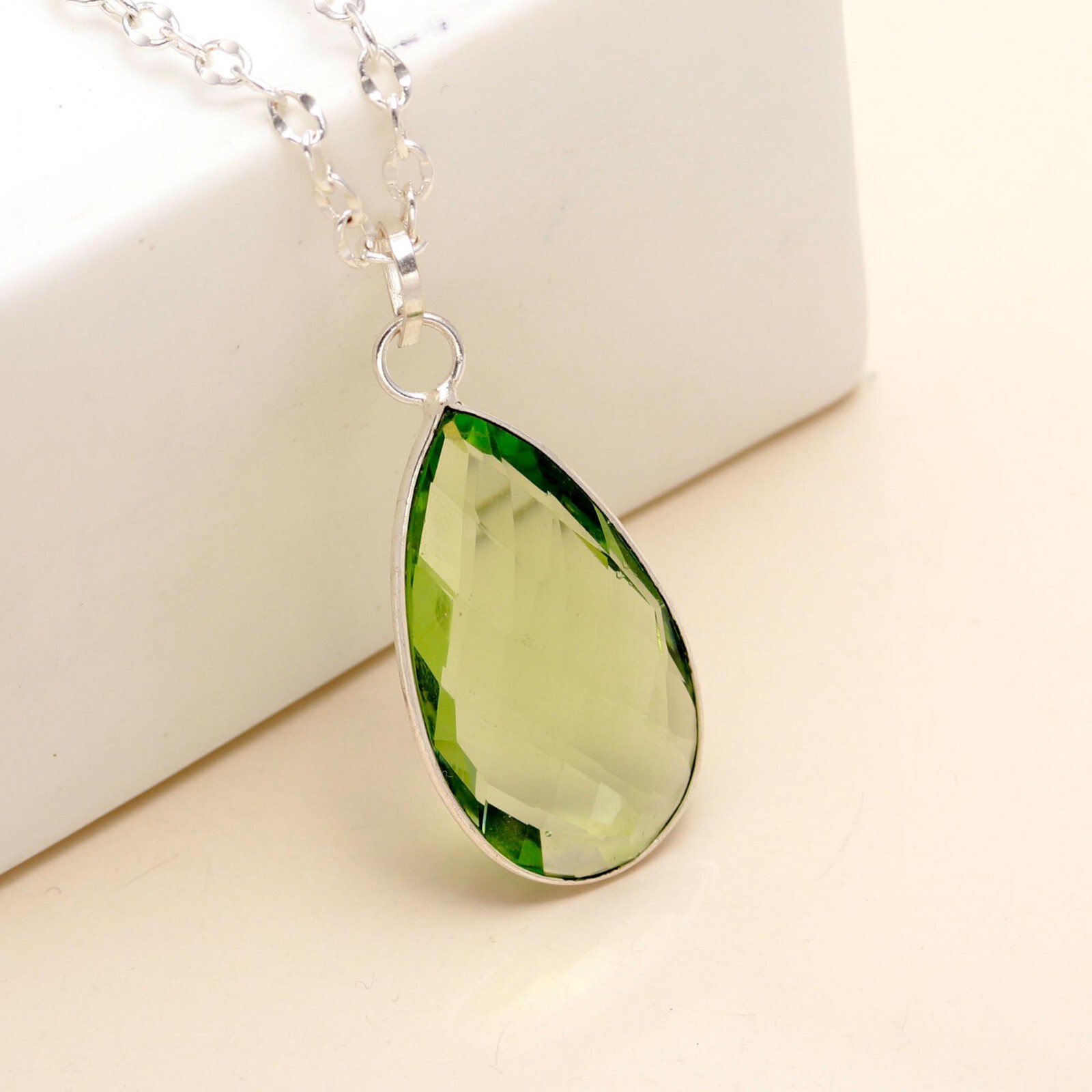 Green Amethyst Gemstone Adjustable 925 Sterling Silver Chain Necklace 18″