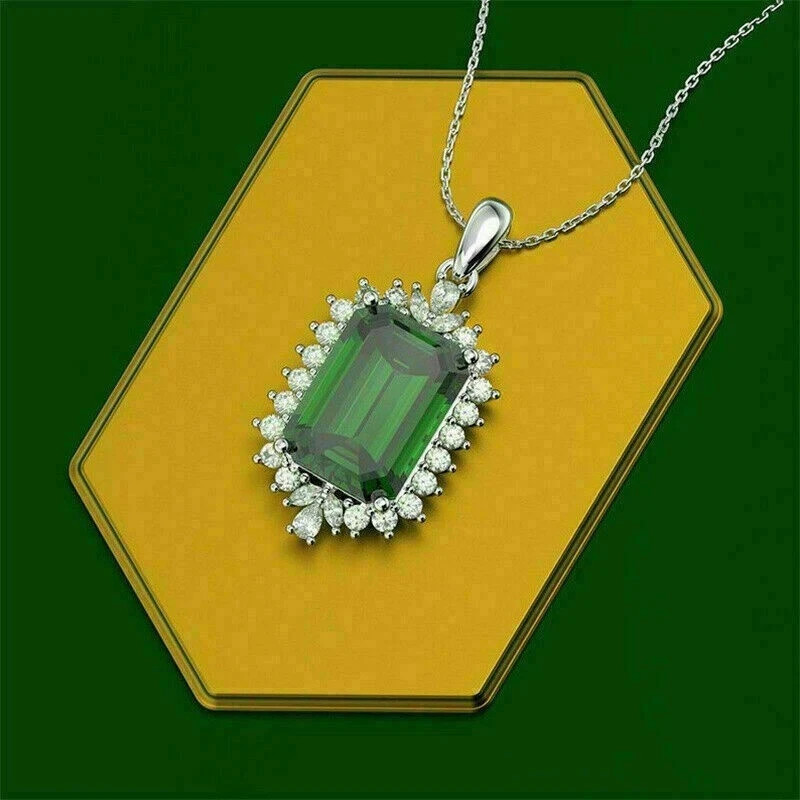 3Ct Emerald Cut Green Emerald Halo Womens Pendant 14K White Gold Over Free Chain