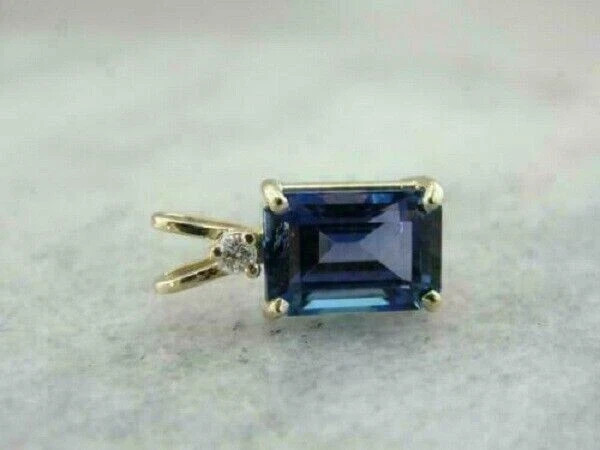 3.00Ct Emerald Cut Blue Sapphire & Diamond Pendant Solid 14K Yellow Gold Finish