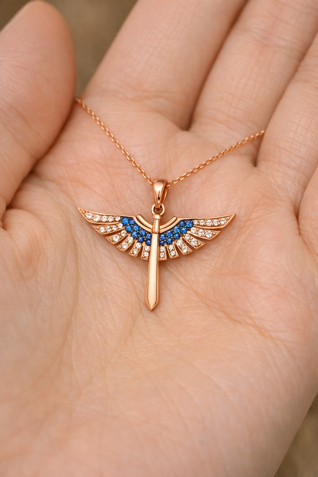 925 Sterling Silver Phoenix Sword Necklace Rose Gold Plated Turquoise Wings Gift
